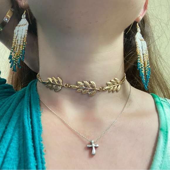 Gold Tone Leaf Boho Greek Goddess Choker Necklace - Picture 5 of 16